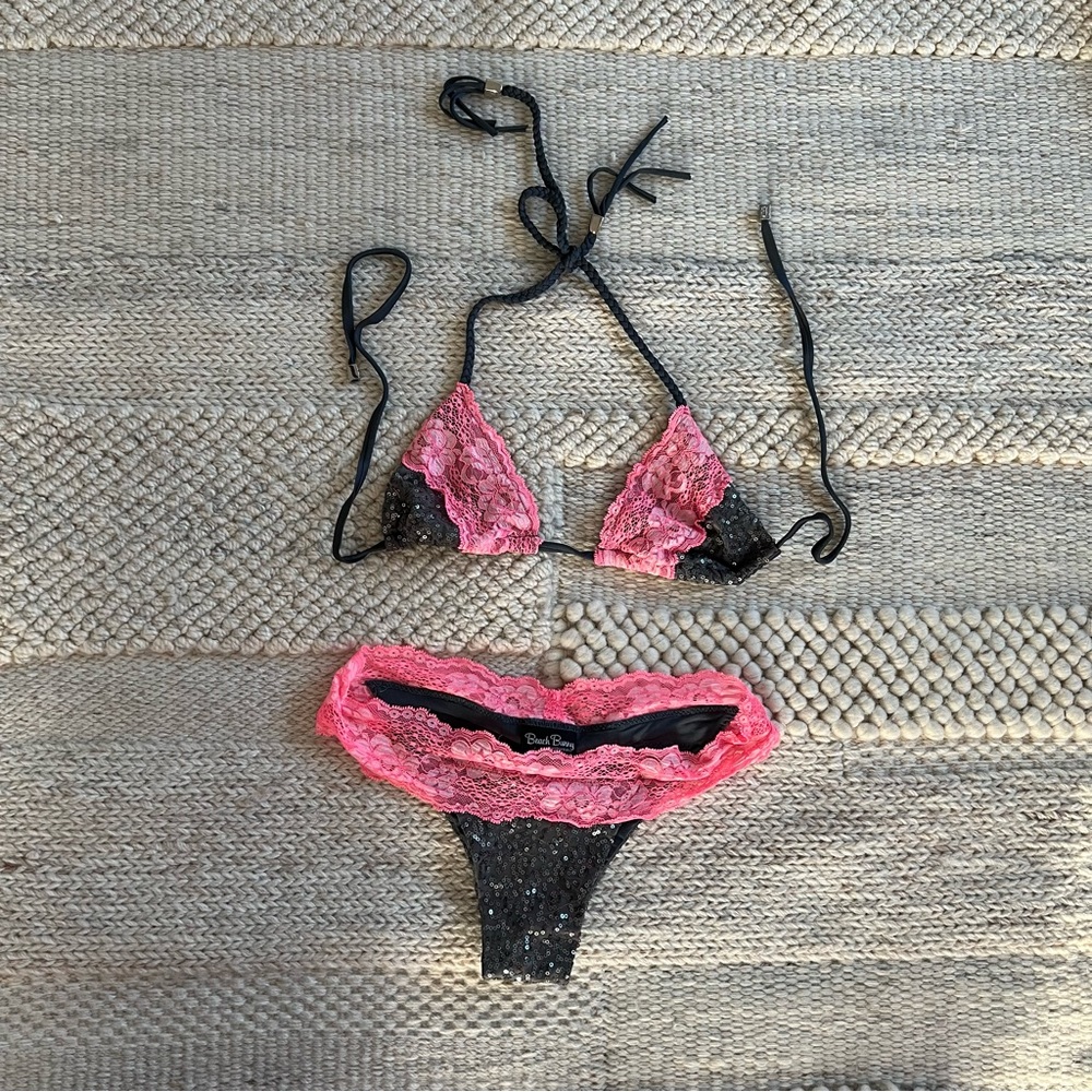 Beach bunny siren song pink lace gray sequin swimsuit